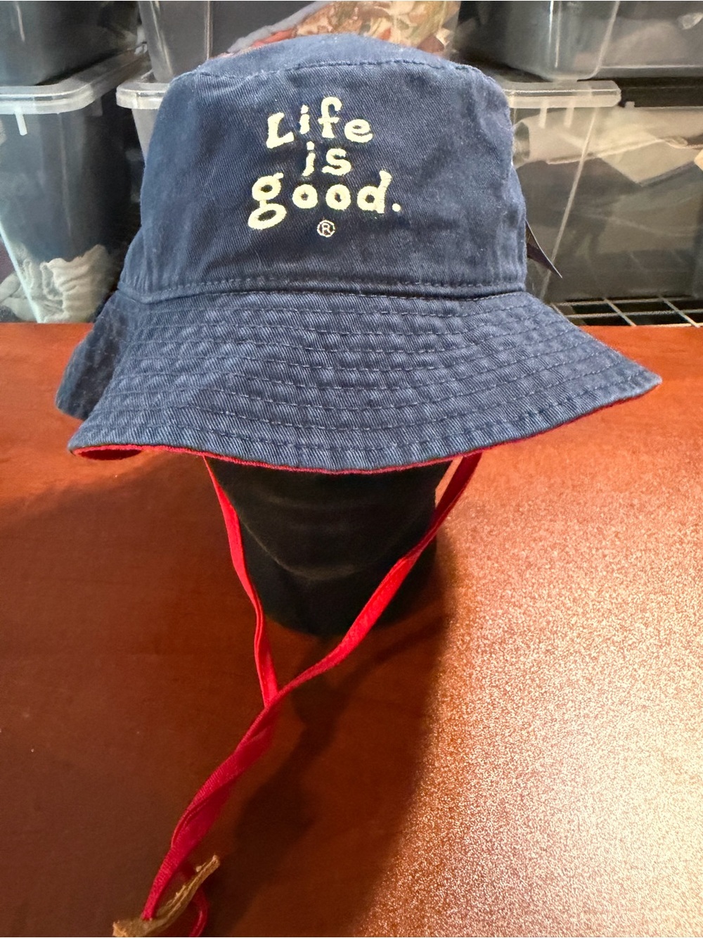 NWT Life Is Good Navy Bucket Hat with Red Chin Strap. OS